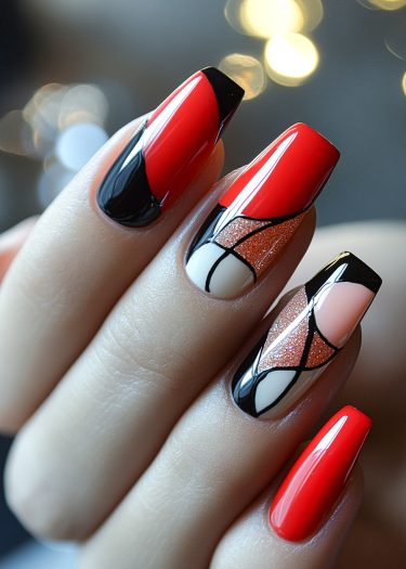 Stylish red and black nail art with glitter and geometric designs for a chic look.