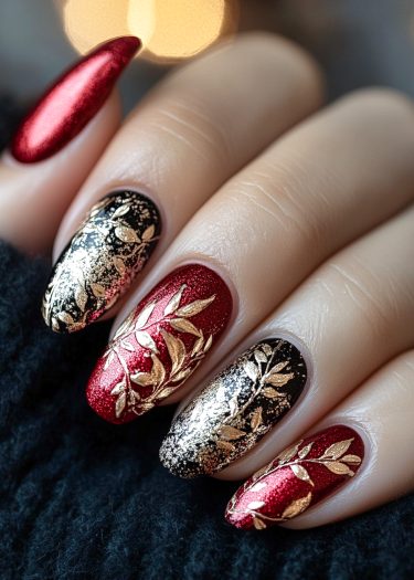 Elegant red and black nail art with gold leaf accents for a luxurious manicure design.