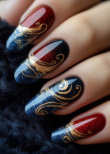 Elegant red and blue ombre nail art with intricate gold swirls on a glossy finish.