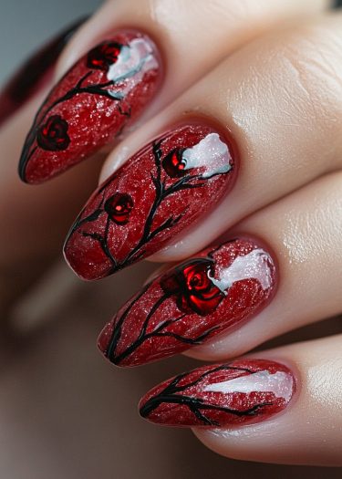 Elegant red floral nail art with glitter, intricate branches, and detailed roses for a luxurious look.