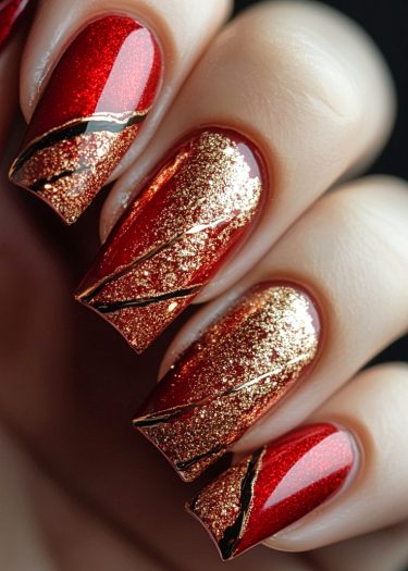 Elegant red and gold glitter nails with intricate black designs for a luxurious manicure.