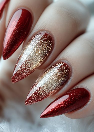 Glamorous red stiletto nails with gold glitter accent for festive elegance.