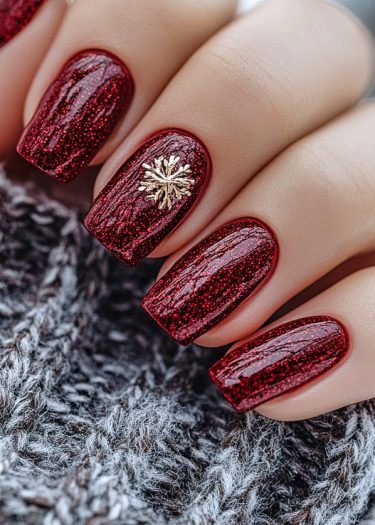 Elegant red glitter nails with a gold snowflake accent on a cozy knitted background.