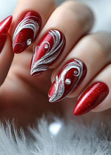 Elegant red glitter nails with stiletto shape and intricate silver swirl designs.