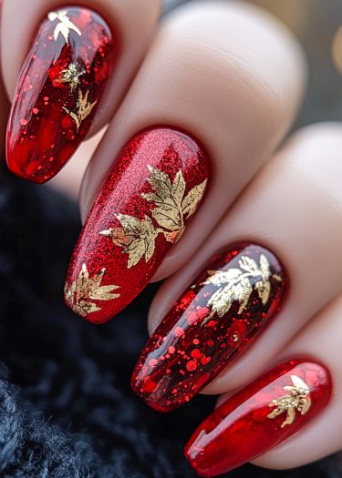 Elegant red nails with golden leaf designs, showcasing luxurious nail art beauty and texture.