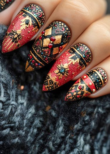 Elegant red and gold stiletto nail art featuring intricate designs and bold colors.