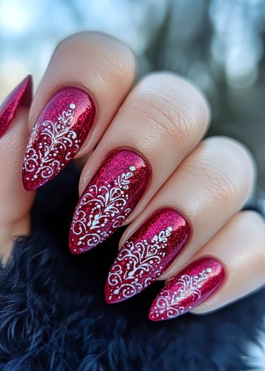 Elegant red stiletto nails with intricate white lace patterns shine in a luxurious design.