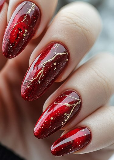 Elegant red manicure with gold detailing on almond-shaped nails for a sophisticated, luxurious look.