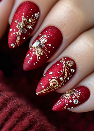 Luxurious red matte nails adorned with gold and silver designs for a glamorous look.