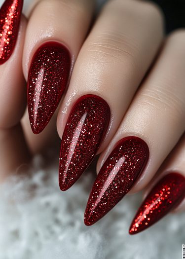 Glamorous deep red glitter almond nails against smooth skin, showcasing exquisite nail art elegance.