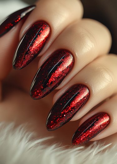 Elegant red nail art featuring glittery almond-shaped nails in a luxurious glossy finish.