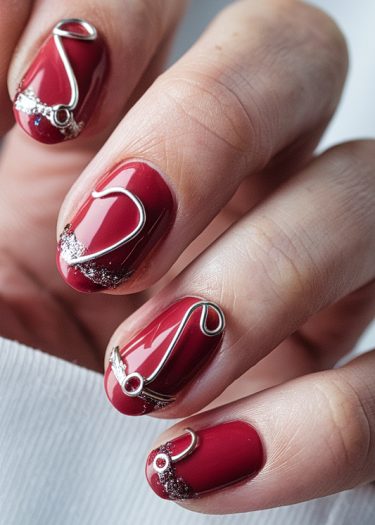 Elegant red nail art featuring intricate silver wire designs and sparkling glitter accents.