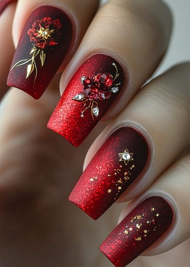 Elegant red nail art featuring floral designs, jewels, and a luxurious gradient finish.