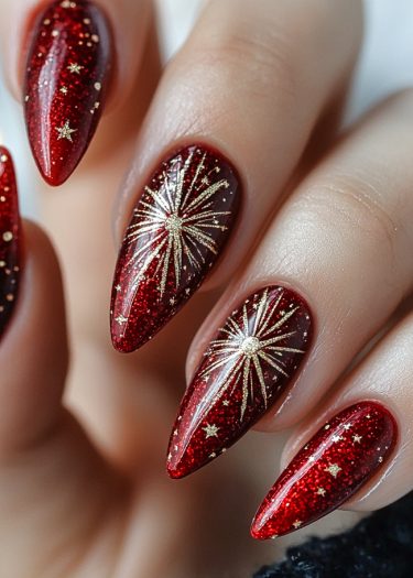 Elegant red nail art with gold fireworks and stars, perfect for festive occasions.