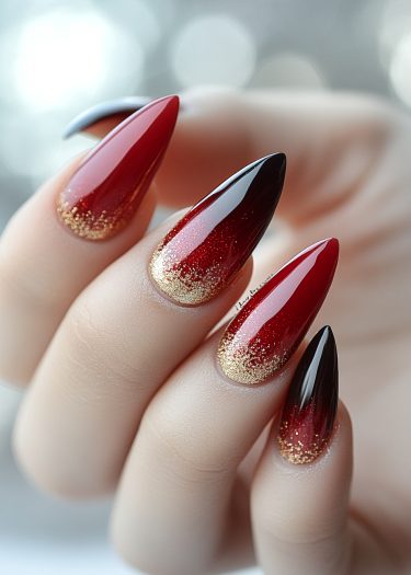 Elegant red ombre stiletto nails with gold glitter, showcasing a glamorous manicure.