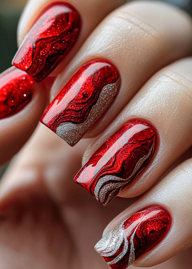 Elegant red nails with intricate black and gold designs create a stunning, artistic manicure.