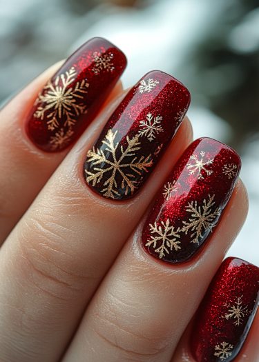 Elegant red nails with gold snowflakes, perfect for festive celebrations and seasonal sophistication.