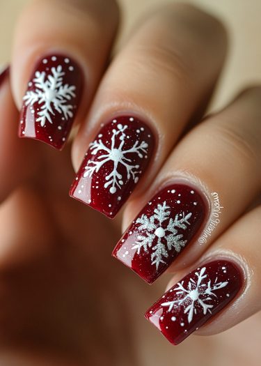 Elegant red nail art with delicate white snowflakes, perfect for winter celebrations.