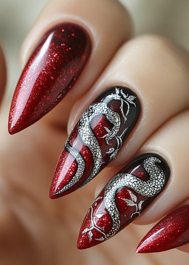 Glamorous red stiletto nails featuring metallic snake and silver leaf designs for a daring look.