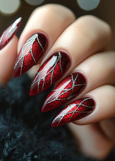 Elegant red stiletto nails with shimmering glitter and intricate silver designs for a glamorous look.