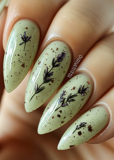 Elegant sage nail design featuring lavender motifs and gold accents for a luxurious look.