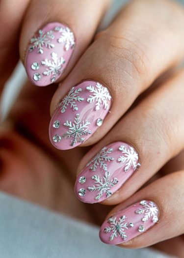 Elegant pink nail art featuring silver snowflakes and rhinestones for a festive winter look.