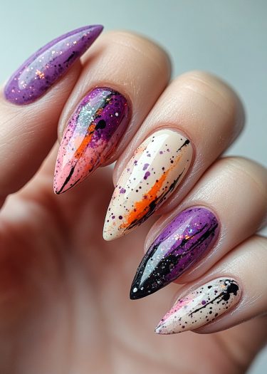 Elegant stiletto nail art featuring vibrant colors and abstract designs with glossy finishes.