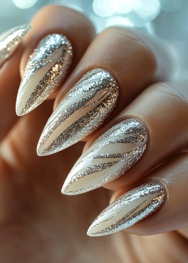 Elegant stiletto nail art with glittery silver stripes on a neutral base.