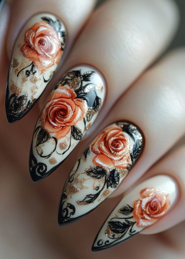 Elegant stiletto nail art featuring detailed floral designs in coral and gold accents.