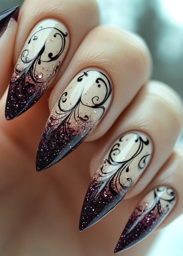 Exquisite stiletto nail art featuring elegant black scroll designs and shimmering purple glitter.