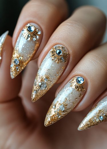 Elegant stiletto nail art with silver base and gold embellishments, showcasing luxurious manicure design.