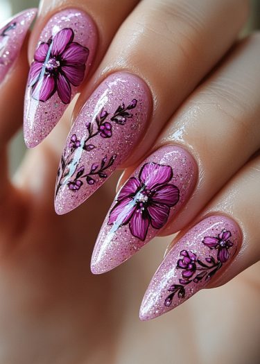 Elegant stiletto nail art featuring pink glitter and intricate floral designs for a sophisticated look.