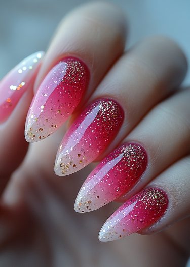 Elegant almond stiletto nails with pink ombré and glitter for a luxurious manicure.