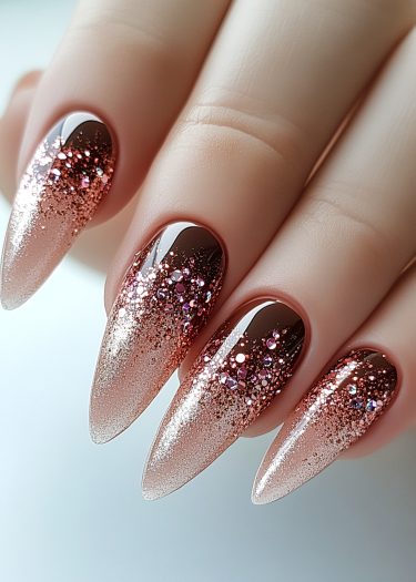 Elegant rose gold glitter stiletto nails showcase sophisticated gradient design and luxurious shine.