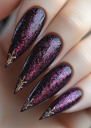 Elegant stiletto nails with glitter and gold accents showcasing a vibrant purple-to-pink gradient.