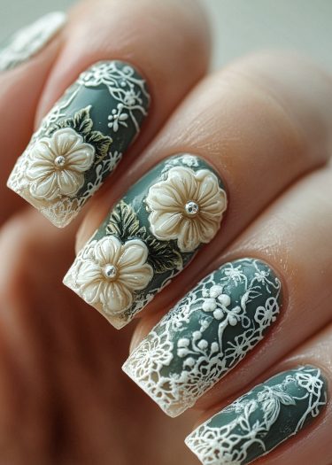 Elegant teal flower nail art with intricate lace design and sparkling rhinestone accents.