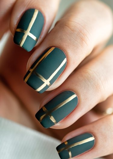 Elegant matte teal nails with gold geometric patterns for a chic, sophisticated look.