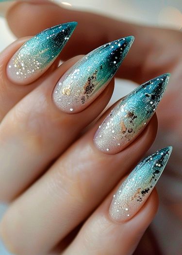 Elegant teal ombre stiletto nails with glitter and leaf accents for a stunning manicure.