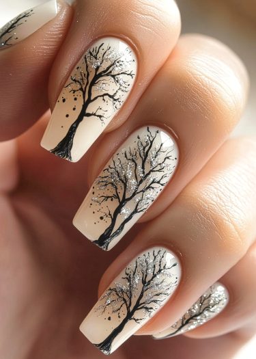 Elegant winter tree nail art with intricate designs and shimmering silver accents.