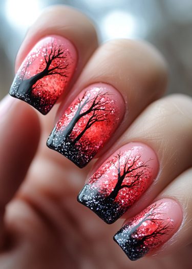 Elegant tree nail art featuring a vibrant gradient and intricate silhouettes for a magical look.