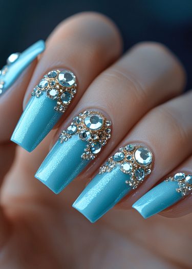 Elegant turquoise nail art with rhinestones, showcasing intricate designs and luxurious metallic accents.