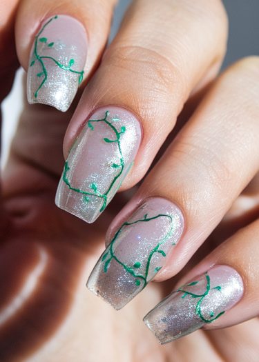 Elegant vine nail art featuring shimmering polish and intricate green designs for a sophisticated look.