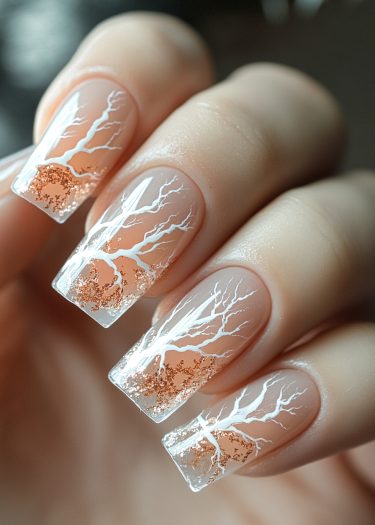 Elegant nude nails with white branch art and sparkling glitter accents for a sophisticated look.