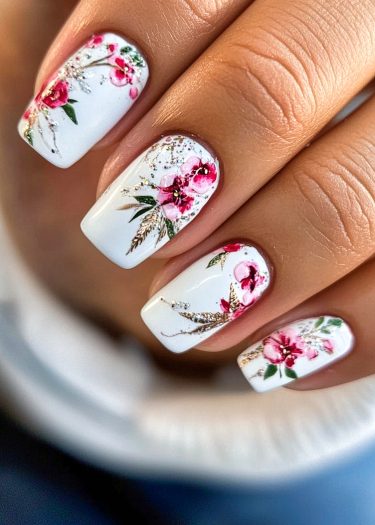 Elegant white floral nail art with intricate designs, pink flowers, and golden embellishments.