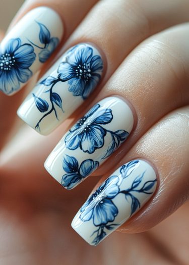 Elegant white floral nails featuring intricate blue designs for a sophisticated nail art look.