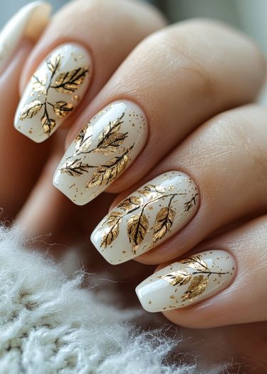 Elegant white nails with golden leaf designs and glitter for a luxurious manicure look.