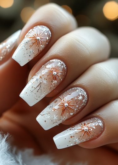 Elegant winter nail art featuring snowflakes, silver accents, and shimmering rhinestones on white gradient nails.