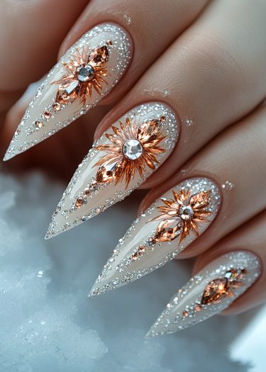 Elegant stiletto nails with pearlescent white base, embellished with rose gold stars and crystals.