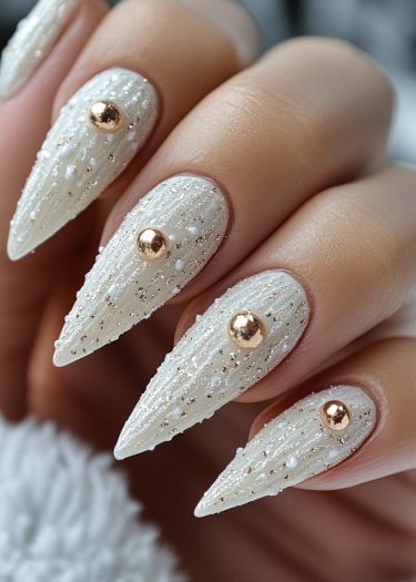 Elegant stiletto nails with white polish, gold studs, and textured lace design for a chic look.