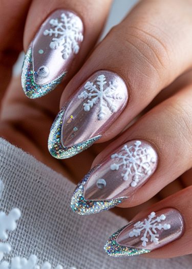 Elegant winter nail art featuring pink base, snowflakes, and glittery silver tips.